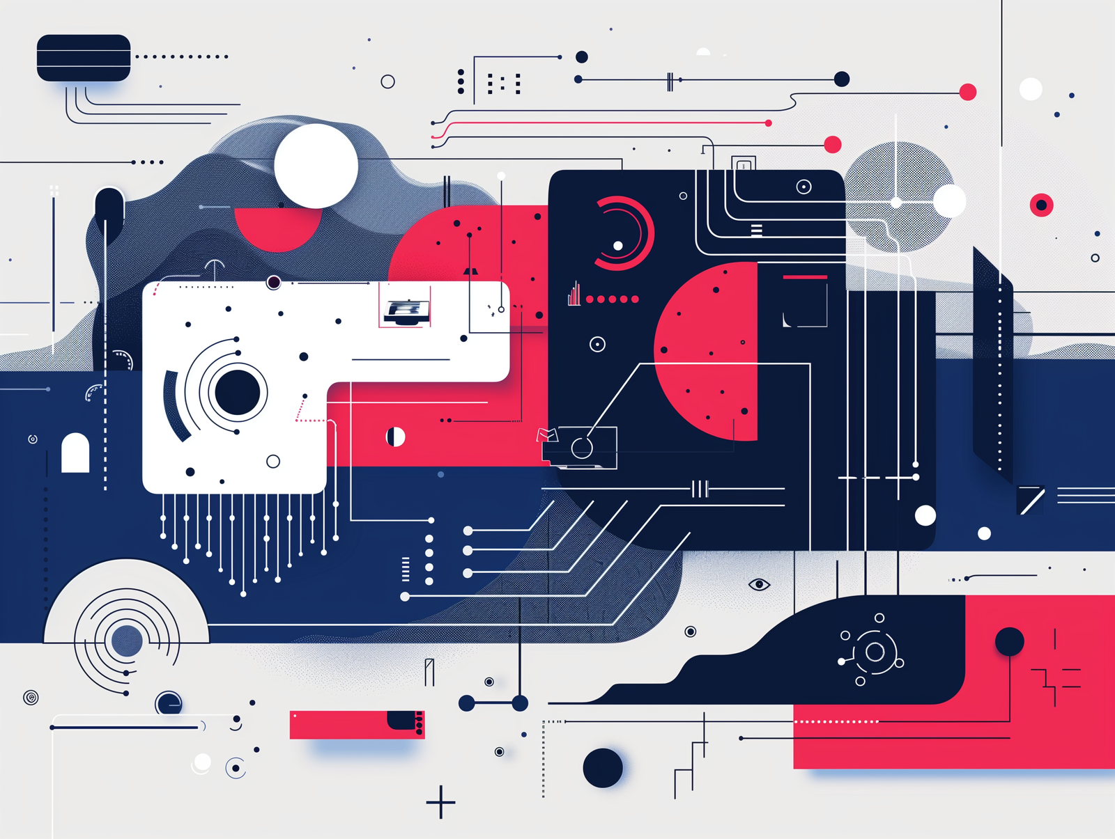 The image is an abstract digital illustration featuring a variety of geometric shapes, lines, and circuit-like elements in shades of blue, red, white, and gray. The composition consists of interlocking forms reminiscent of futuristic technology or computer components. The overall design has a modern, industrial aesthetic with a sense of complexity and interconnectedness. While abstract, the illustration suggests themes related to technology, networks, or design systems.